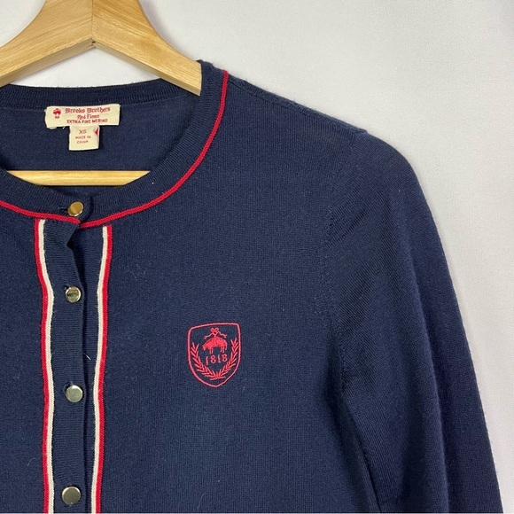 Brooks Brothers Navy Blue Red Trim Merino Wool Preppy Cardigan Sweater XS - Picture 3 of 5
